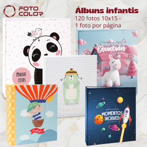 álbum infantil para 120 fotos 10x15 Album capa dura 16x12 Esse é um álbum de tamanho menor, capacidade para uma foto por página Encadernado com rebites. Folhas em plastico cristal.  Esse é um álbum de tamanho menor, capacidade para uma foto por página. Não aceita refil